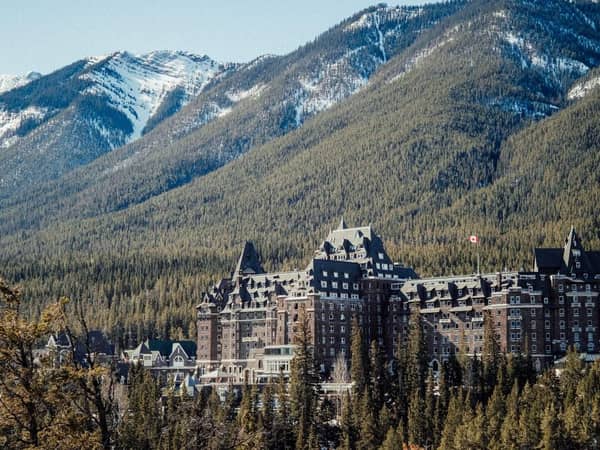 Fairmont Banff Springs with the Bow Valley and mountains behind it