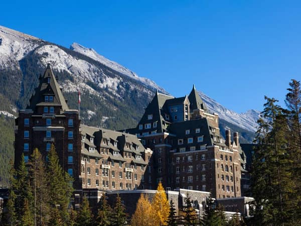 Fairmont Banff Springs below Mount Rundle on a clear autumn day