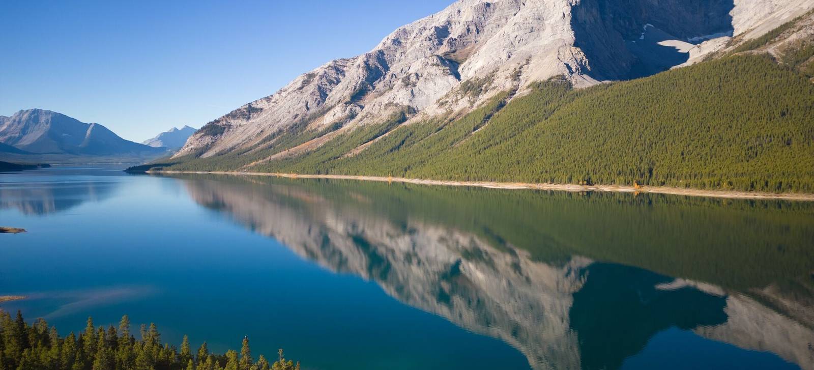 Mountains reflected in the calm blue water of Maligne Lake