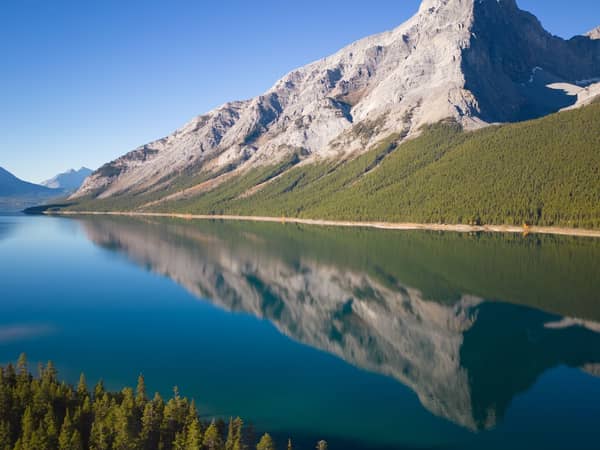 Mountains reflected in the calm blue water of Maligne Lake