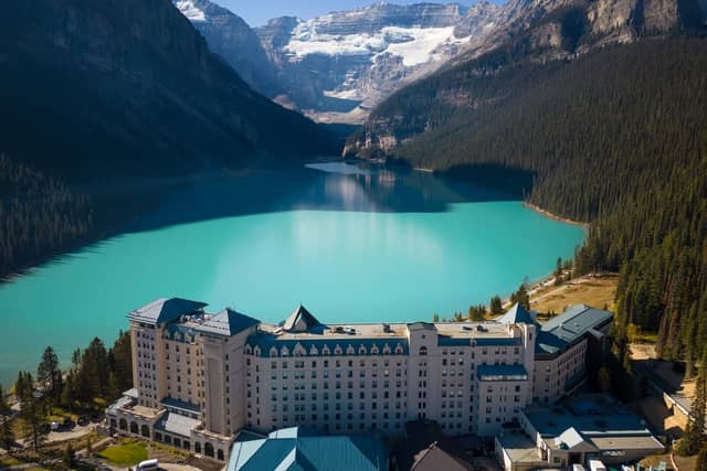 Aerial view of Lake Louise and Fairmont Chateau Lake Louise at the water's edge