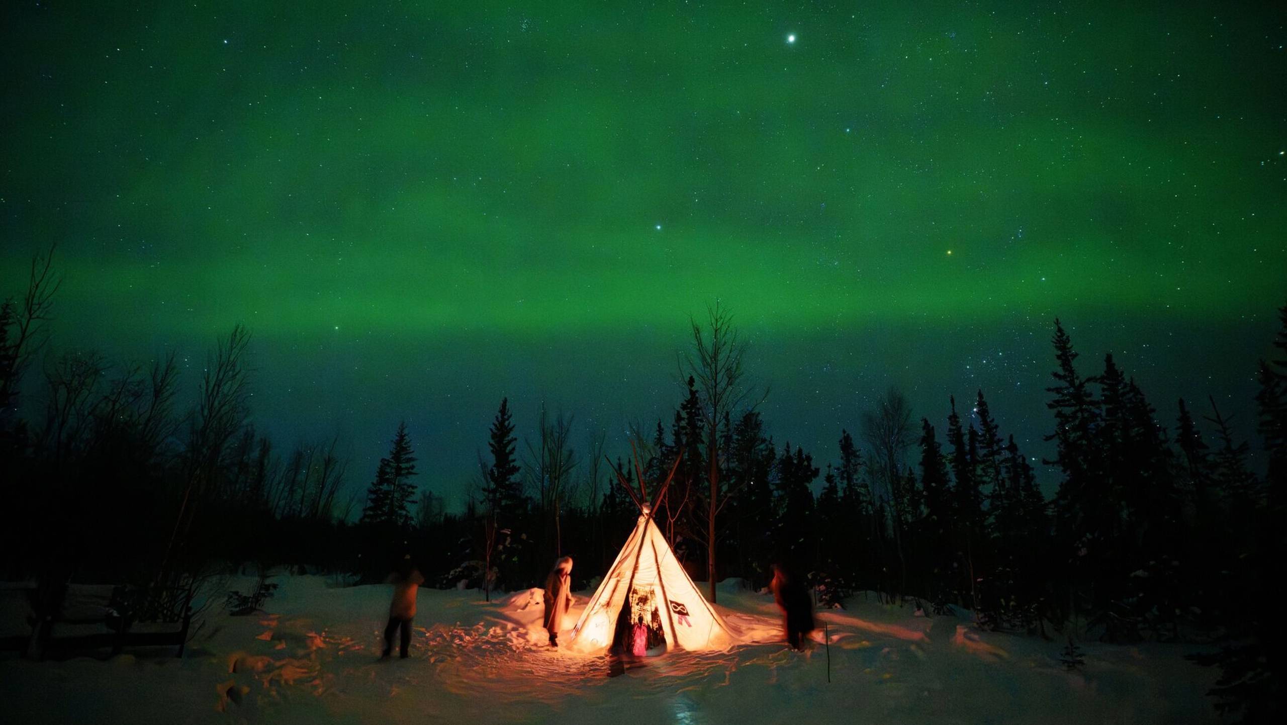 People around a small fire beneath a green aurora sky at Tracy's Cabin