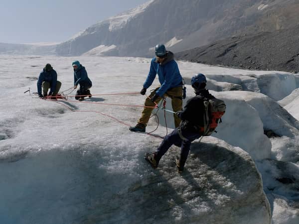 Hikers roped together on the ice of the Athabasca Glacier